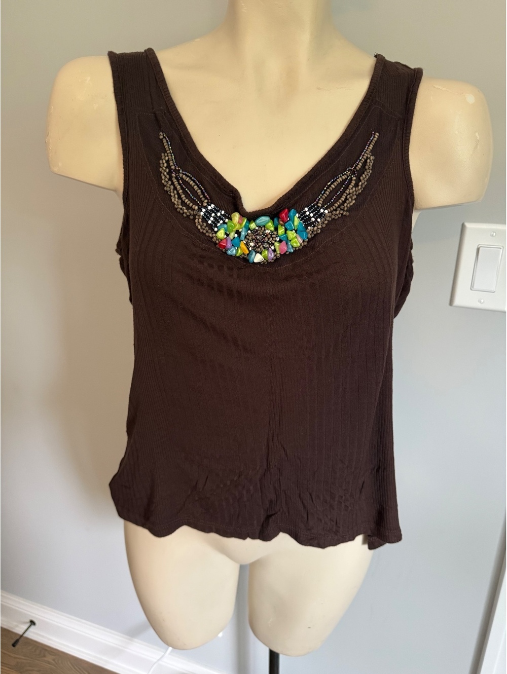 Matty M Women's Brown Beaded V-Neck Tank Top Medium
